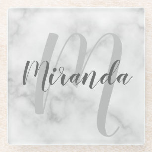 Modern Personalised Monogram and Name White Marble Glass Coaster