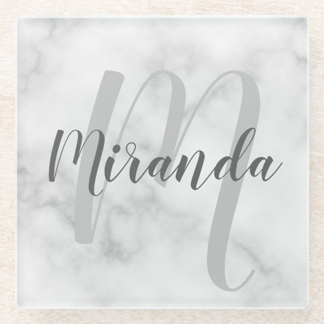 Modern Personalised Monogram and Name White Marble Glass Coaster (Front)