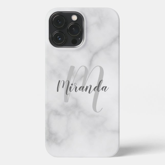Modern Personalised Monogram and Name White Marble iPhone Case (Back)