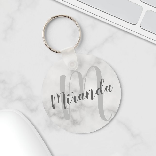 Modern Personalised Monogram and Name White Marble Key Ring (Creator Uploaded)