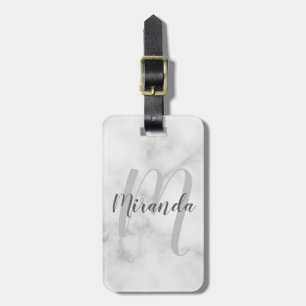 Modern Personalised Monogram and Name White Marble Luggage Tag