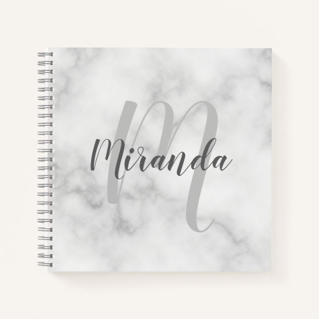 Modern Personalised Monogram and Name White Marble Notebook (Front)
