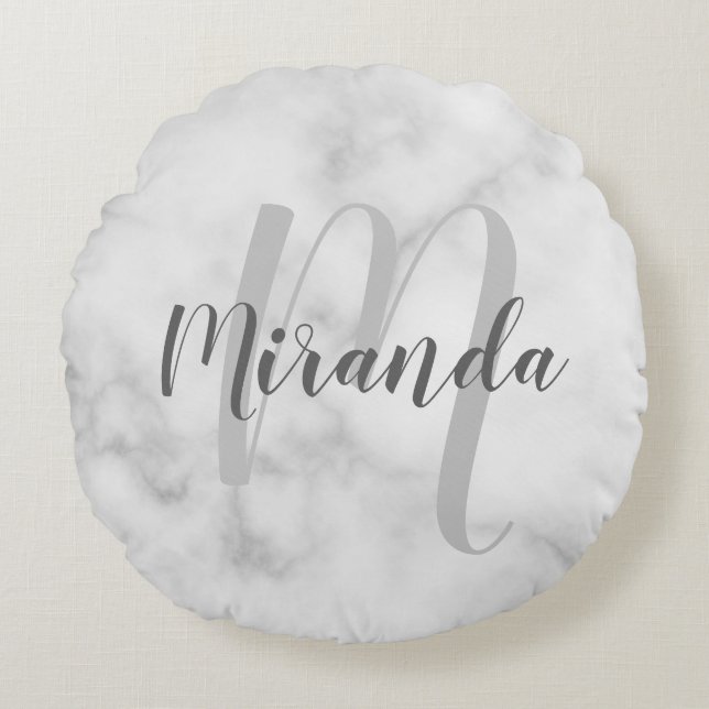 Modern Personalised Monogram and Name White Marble Round Cushion (Front)