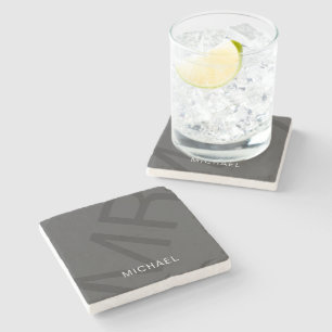 Modern Personalised Monogram Grey Stone Coaster
