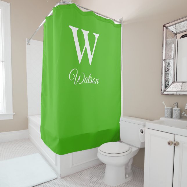 Modern Personalised Monogram Kelly Green Shower Curtain (In Situ)