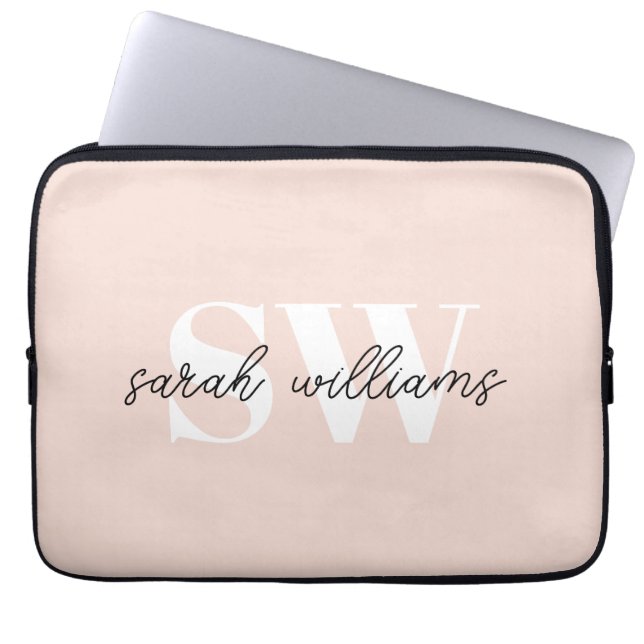 Modern Personalised Monogram Name Pink Laptop Sleeve (Front)