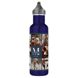 Modern Personalised Monogram & Photo Collage Blue 710 Ml Water Bottle