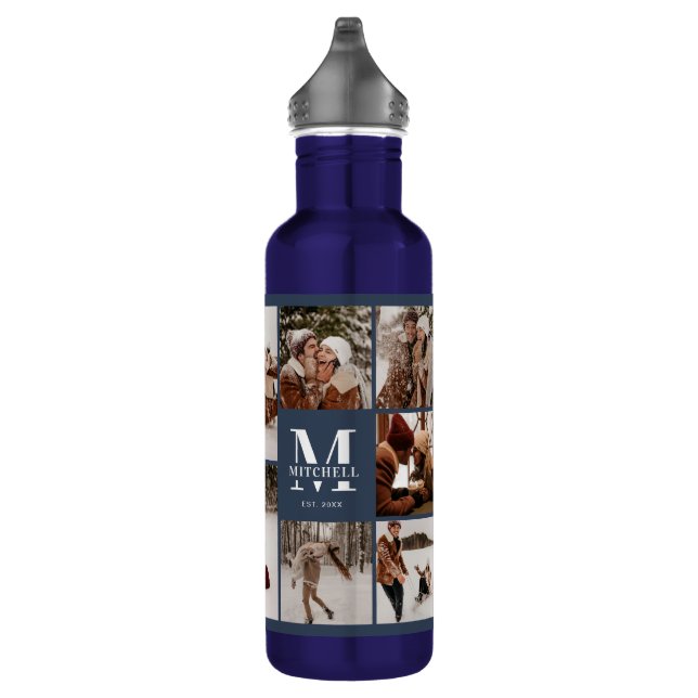 Modern Personalised Monogram & Photo Collage Blue 710 Ml Water Bottle (Right)