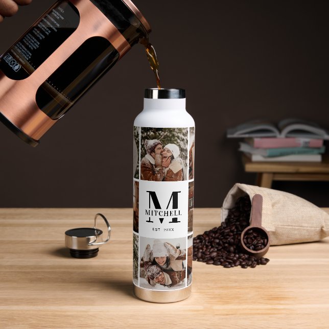 Modern Personalised Monogram & Photo Collage Water Bottle (Coffee)