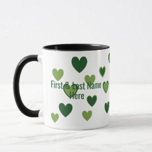 Modern Personalised Name and Fun Green Hearts Art Mug