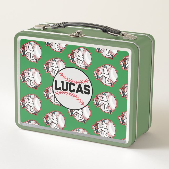 Modern Personalised Name Baseball Player green Metal Lunch Box (Front)