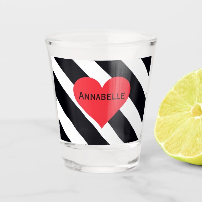 Modern Personalised Name Black White Striped Cute Shot Glass (Front)