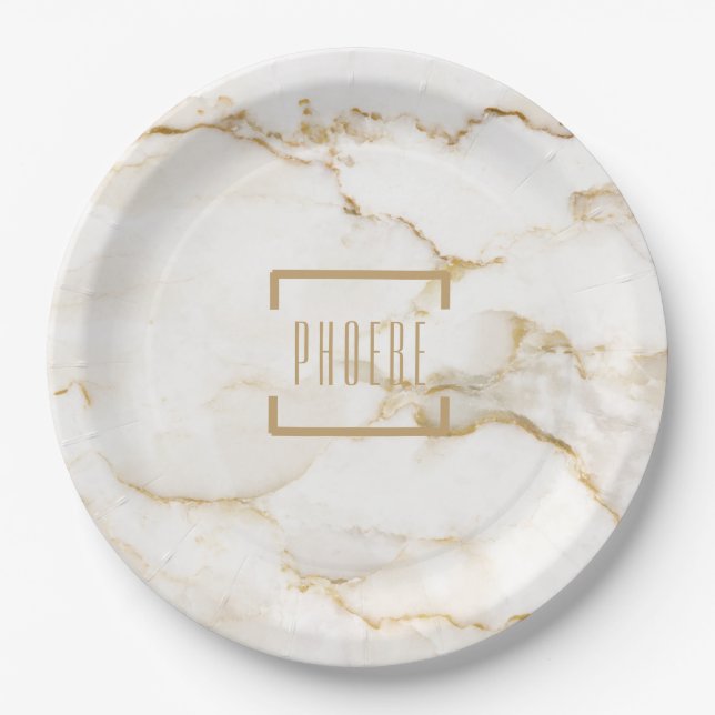 Modern Personalised Name Gold Effect Marble Cake S Paper Plate (Front)