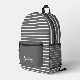 Modern Personalised Name Grey Striped Printed Backpack
