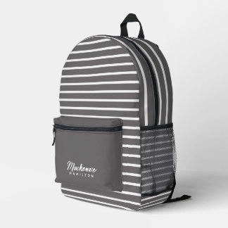 Modern Personalised Name Grey Striped Printed Backpack