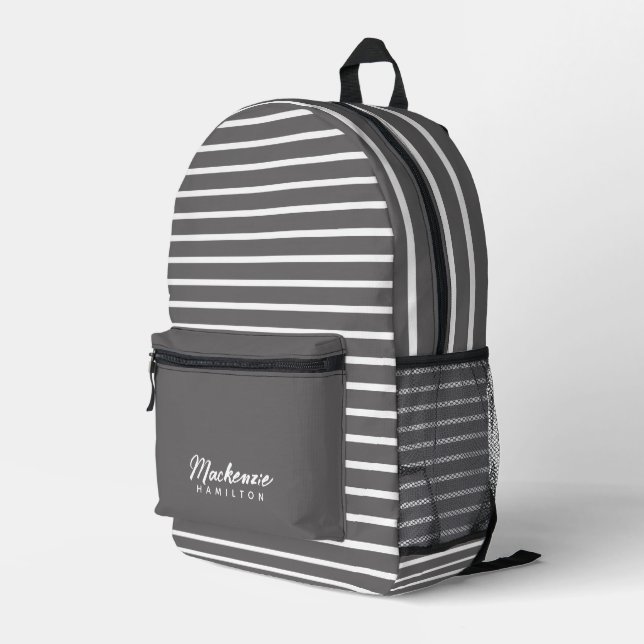 Modern Personalised Name Grey Striped Printed Backpack (Back Corner Right)