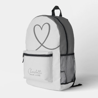 Modern Personalised Name Grey Tones Love Heart Printed Backpack