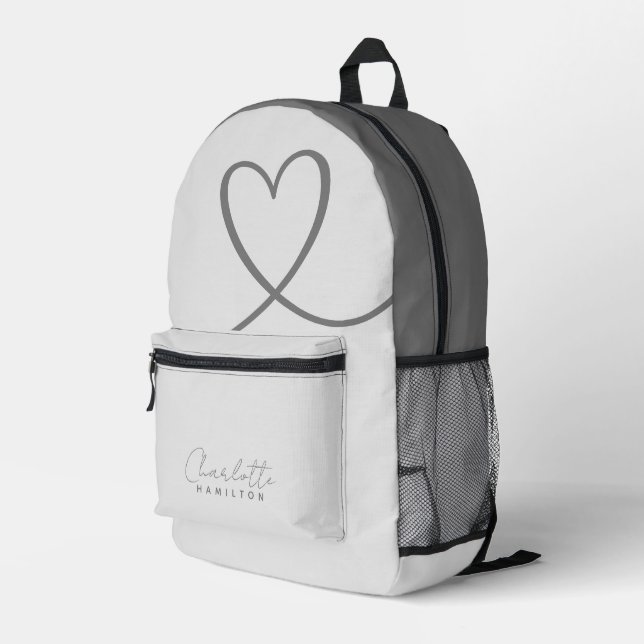 Modern Personalised Name Grey Tones Love Heart Printed Backpack (Back Corner Right)