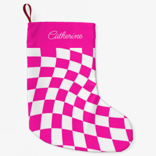 Modern Personalised Name Hot Pink Chequered  Small Christmas Stocking