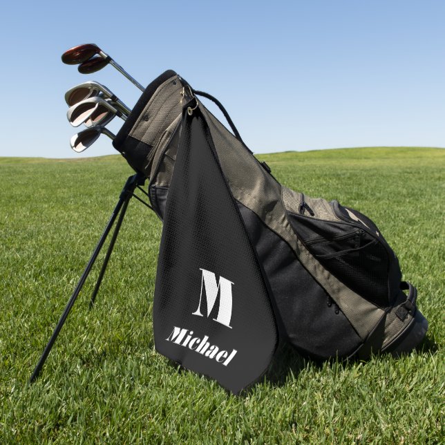 Modern Personalised Name Initial Solid Colour Blac Golf Towel (Green)