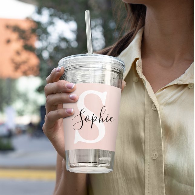 Modern Personalised Name Monogram Pastel Pink Acrylic Tumbler (Creator Uploaded)