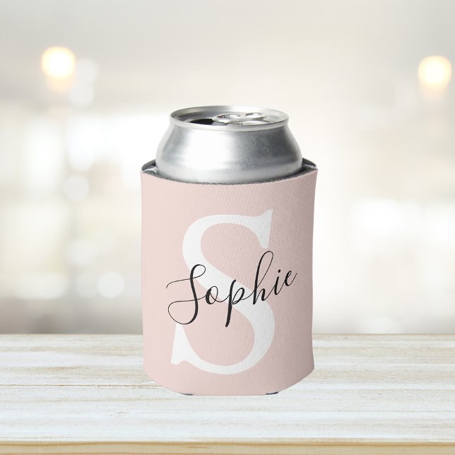 Modern Personalised Name Monogram Pastel Pink Can Cooler (Creator Uploaded)