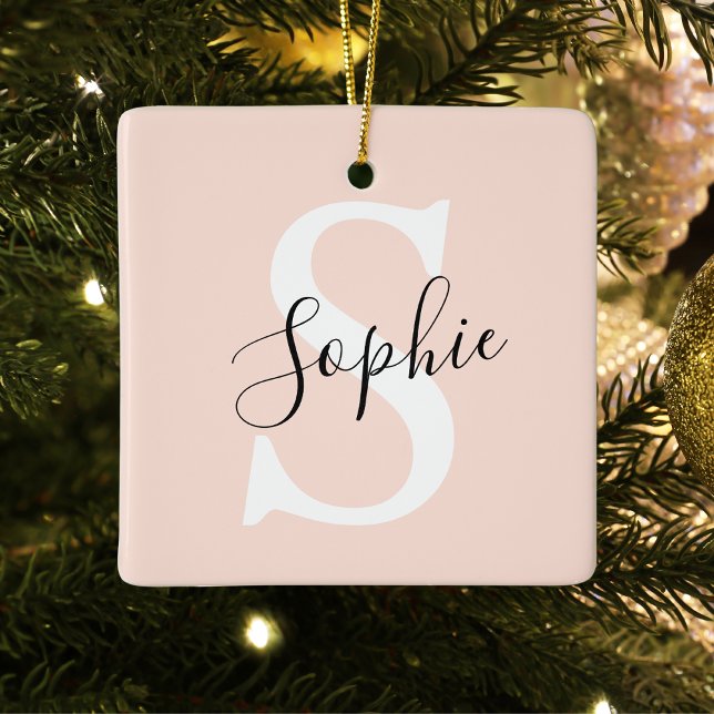 Modern Personalised Name Monogram Pastel Pink Ceramic Ornament (Creator Uploaded)