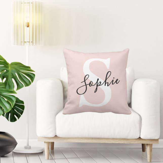 Modern Personalised Name Monogram Pastel Pink Cushion (Creator Uploaded)