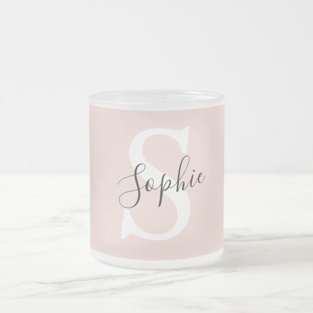 Modern Personalised Name Monogram Pastel Pink Frosted Glass Coffee Mug (Center)