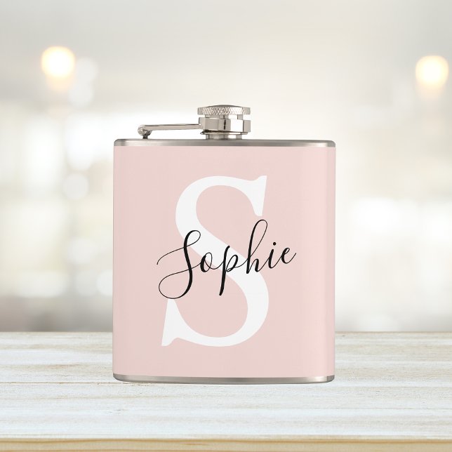 Modern Personalised Name Monogram Pastel Pink Hip Flask (Creator Uploaded)