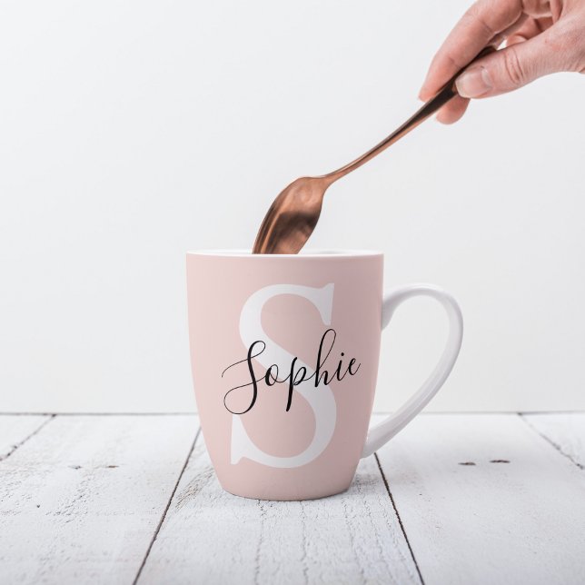 Modern Personalised Name Monogram Pastel Pink Latte Mug (Creator Uploaded)