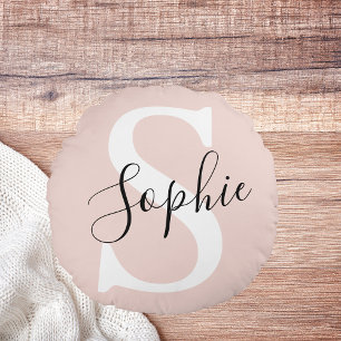 Modern Personalised Name Monogram Pastel Pink Round Cushion