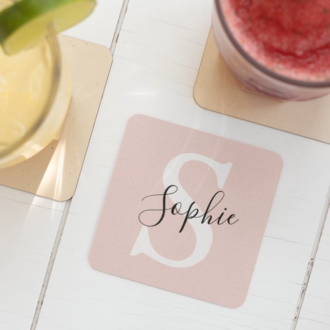 Modern Personalised Name Monogram Pastel Pink Square Paper Coaster (Creator Uploaded)