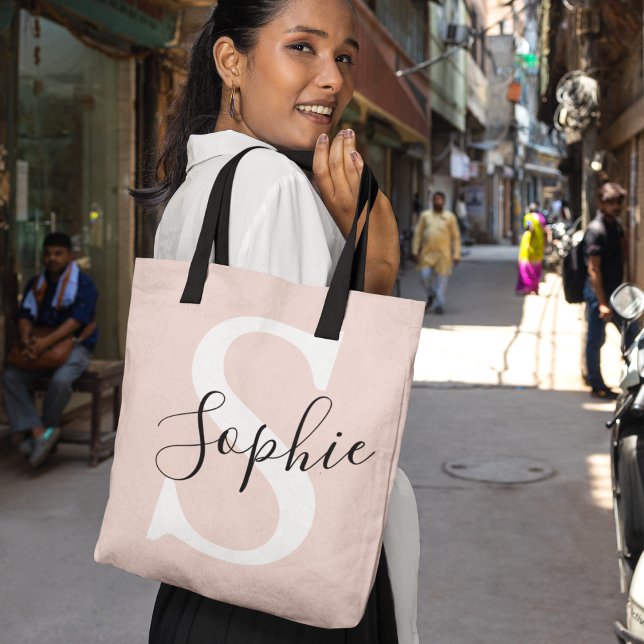 Modern Personalised Name Monogram Pastel Pink Tote Bag (Creator Uploaded)