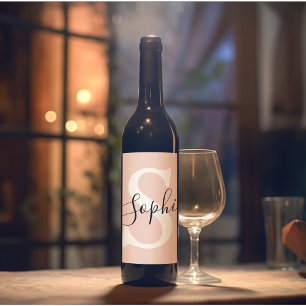 Modern Personalised Name Monogram Pastel Pink Wine Label