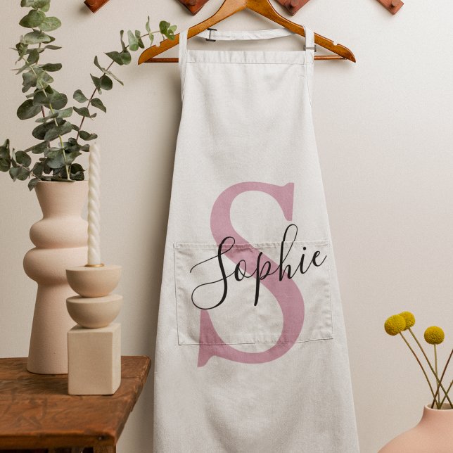 Modern Personalised Name Monogram Pink Apron (Creator Uploaded)