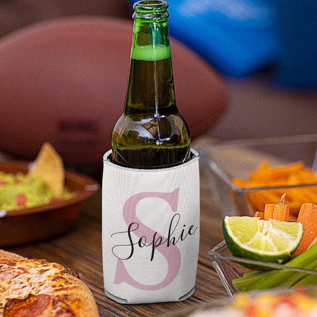 Modern Personalised Name Monogram Pink Can Cooler (Creator Uploaded)
