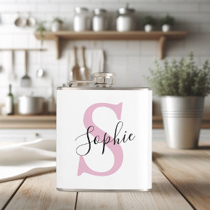 Modern Personalised Name Monogram Pink Hip Flask