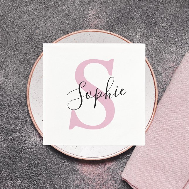 Modern Personalised Name Monogram Pink Napkin (Creator Uploaded)