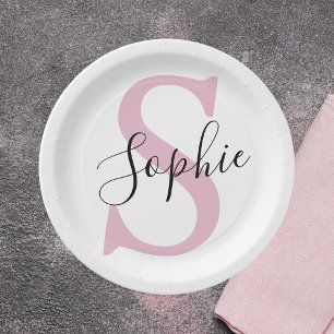 Modern Personalised Name Monogram Pink Paper Plate