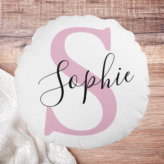 Modern Personalised Name Monogram Pink Round Cushion (Creator Uploaded)