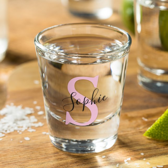 Modern Personalised Name Monogram Pink Shot Glass (Creator Uploaded)