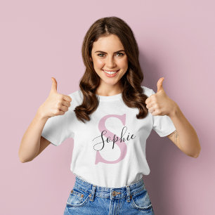 Modern Personalised Name Monogram Pink T-Shirt
