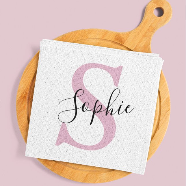 Modern Personalised Name Monogram Pink Tea Towel (Creator Uploaded)