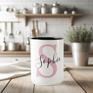Modern Personalised Name Monogram Pink Two-Tone Coffee Mug