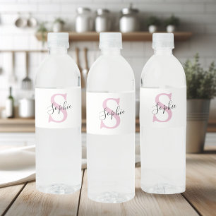 Modern Personalised Name Monogram Pink Water Bottle Label