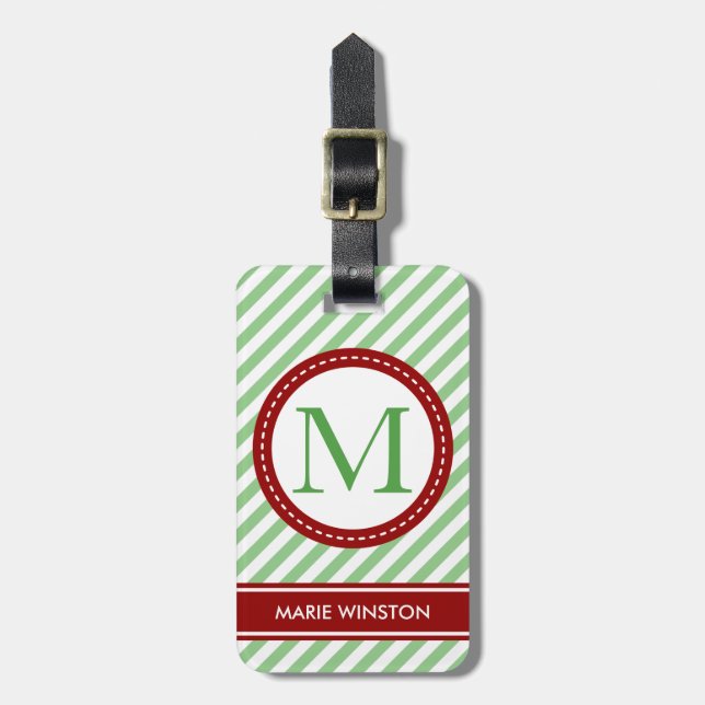 modern personalised name monogram striped mint luggage tag (Front Vertical)