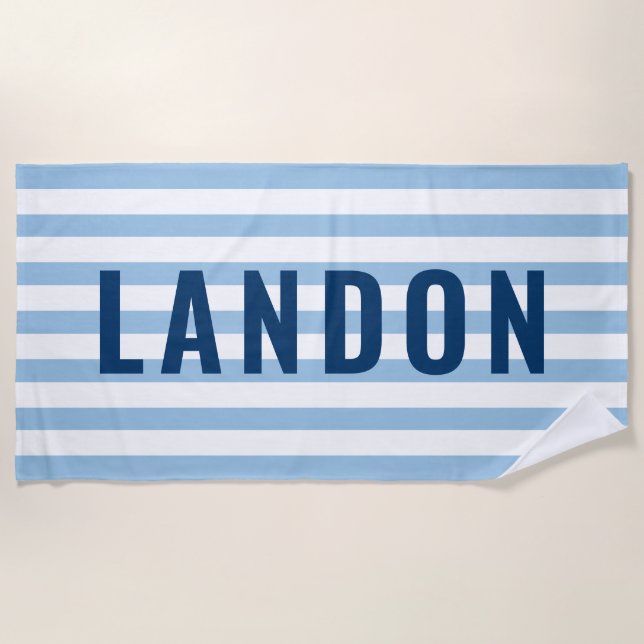 Modern Personalised Name Navy Blue Striped Beach Towel (Front)