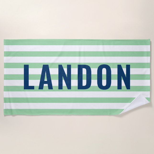 Modern Personalised Name Navy Green Striped Beach Towel (Front)