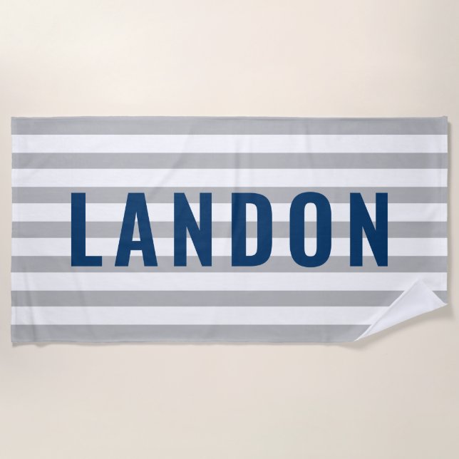 Modern Personalised Name Navy Grey Striped Beach Towel (Front)